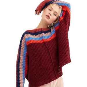 EUC S Free People See The Rainbow Wine Striped Alpaca Blend Sweater Size S